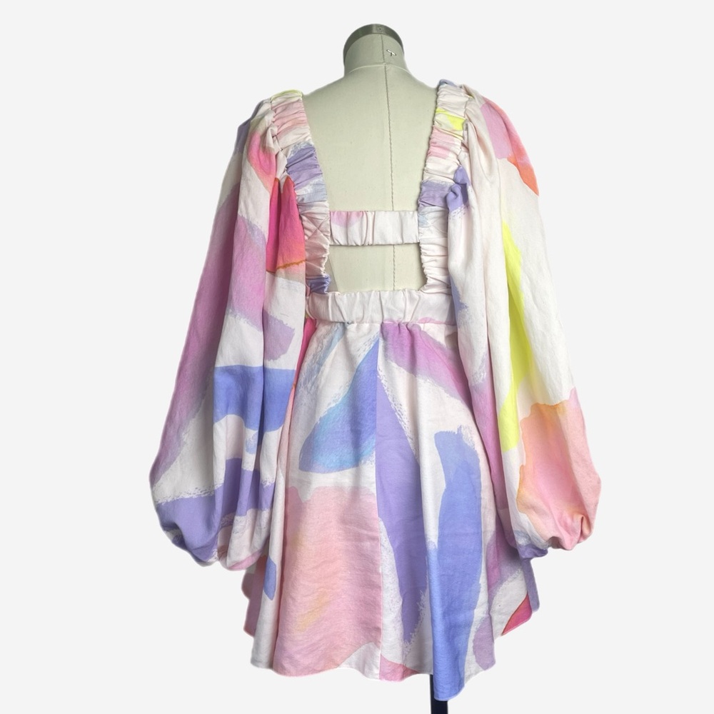 ASOS Structured batwing balloon sleeve mini dress watercolor abstract print 4 - Picture 4 of 10